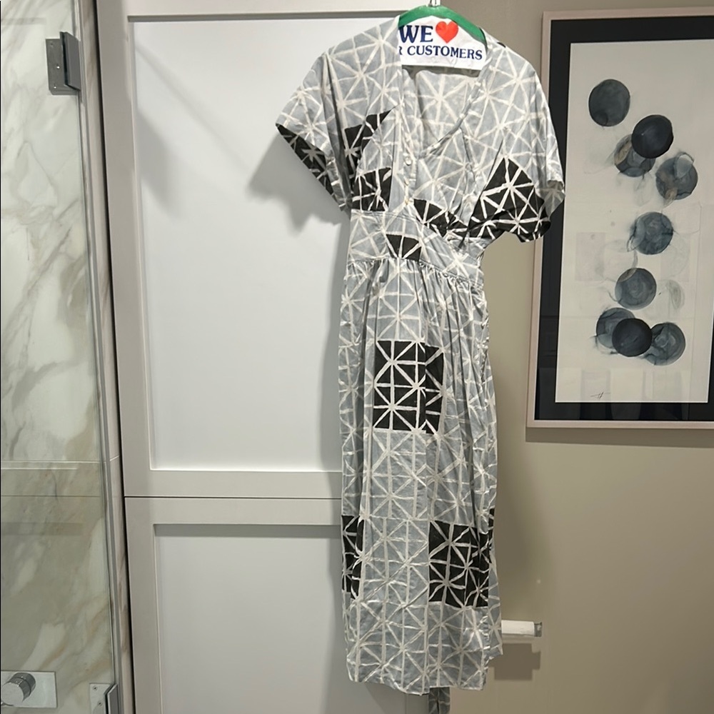 SEEK COLLECTIVE Women's Blue & Gray Geometric Print Short Sleeve Tie Waist Dress